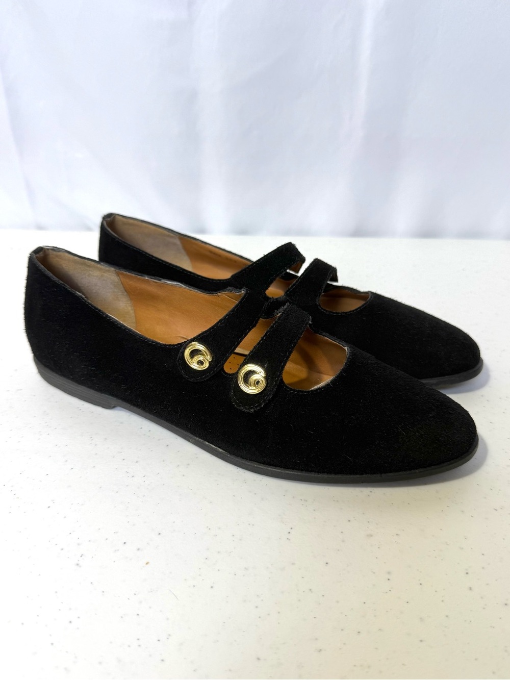 Adesso Black Suede Double Strap Mary Jane Flats Gold Hardware Size 9
